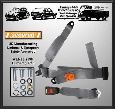 Vintage Warehouse Rear 3 Point Static Lap & Diagonal Seatbelt Kit Grey