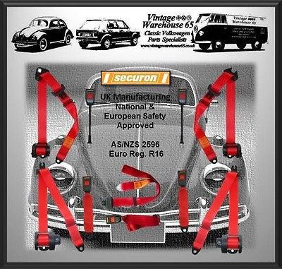 Volkswagen Beetle 1302 1303 Full Set Front & Rear Red Automatic Seat Belt Kit