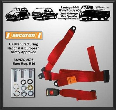 Vintage Warehouse Rear 3 Point Static Lap & Diagonal Seatbelt Kit Red